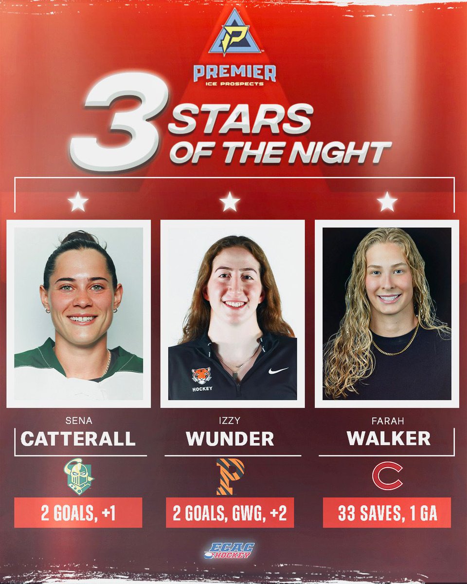 Our <a href="/PIProspects/">PremierIceProspects</a> Women’s Three Stars lit up the ice and led their teams to big conference wins! ⭐️

Sena Catterall delivered an electric performance with two goals in <a href="/ClarksonWHockey/">Clarkson Womens Hockey</a>'s tight win against St. Lawrence! 💪🏻🚨 

Izzy Wunder came up clutch with two goals including the