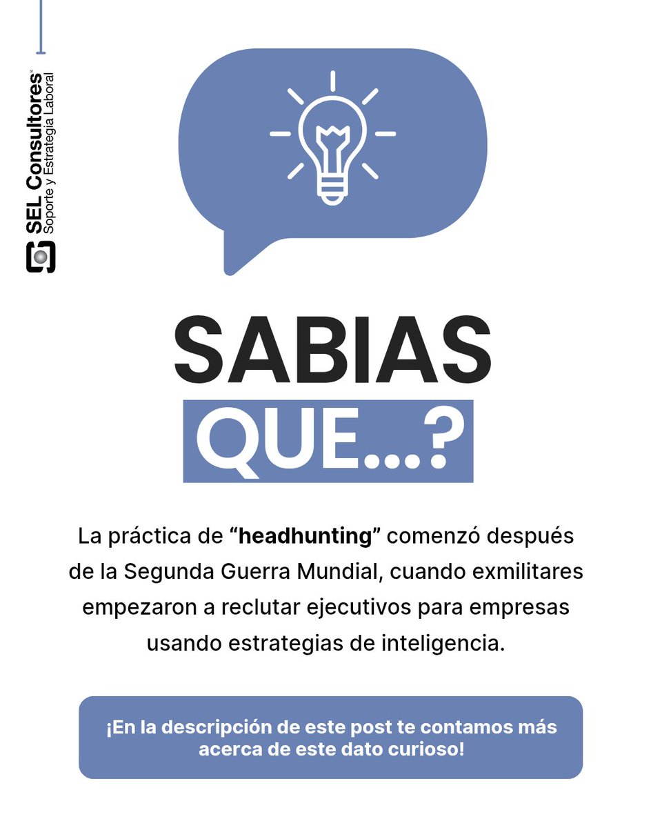 ⁉️ 𝔻𝔸𝕋𝕆 ℂ𝕌ℝ𝕀𝕆𝕊𝕆 ⁉️

🤔 ¿Sᴀʙɪ́ᴀs Qᴜᴇ...?

🔍 𝐄𝐥 𝐩𝐫𝐢𝐦𝐞𝐫 𝐡𝐞𝐚𝐝𝐡𝐮𝐧𝐭𝐞𝐫 𝐟𝐮𝐞 𝐮𝐧 𝐦𝐢𝐥𝐢𝐭𝐚𝐫....

🪖 Para kas info: facebook.com/share/p/19pEA5…

#RecursosHumanos #datocurioso #CulturaLaboral #ConsultoraRRHH #headhunter #selconsultores #Argentina