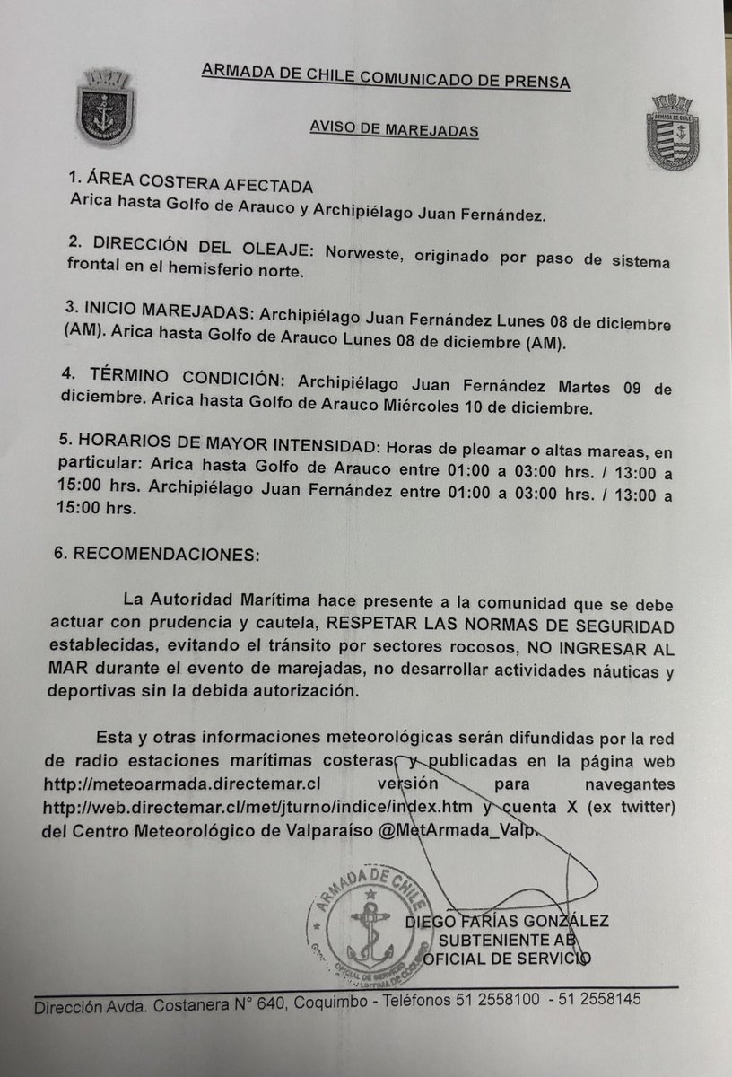 La Autoridad Marítima informa Aviso de Marejadas.
