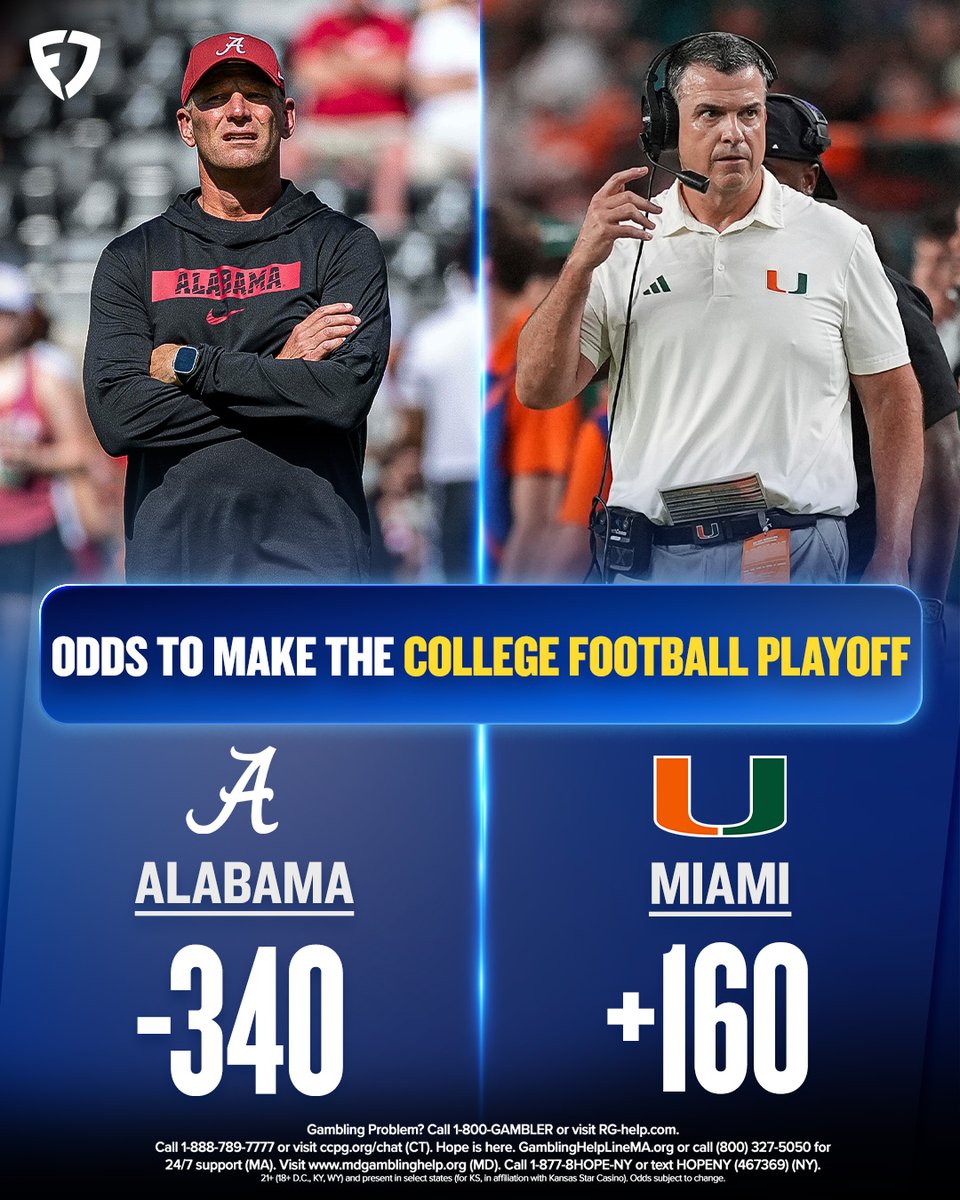 FDSportsbook's tweet image. Let's assume Notre Dame is in.

Who gets the last spot in the college football playoff? 🤔

❤️ for Alabama 
🔁 for Miami