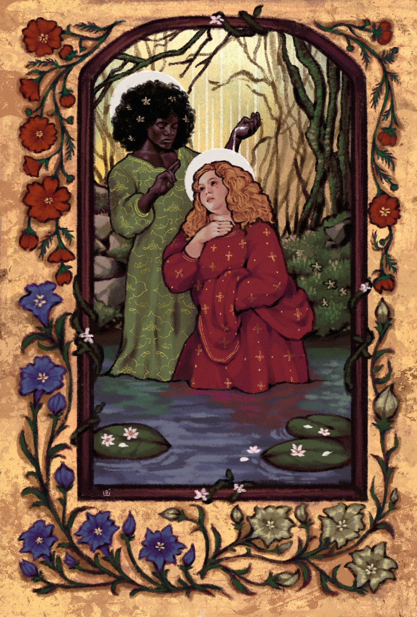 My piece for <a href="/PalimpsestZine/">Palimpsest: A Pentiment Zine</a> , Labors of November

Based on the in game legend about St. Moritz baptizing St. Satia