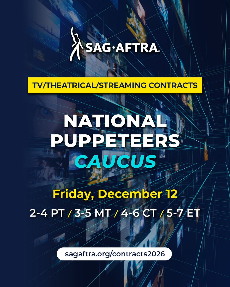 Puppeteer #SagAftraMembers, we need to hear from YOU! Join us on December 12 at 2 PT / 5 ET for your meeting as part of our TV/Theatrical/Streaming Contracts wages &amp; working conditions process. Get more info and RSVP here: ow.ly/HJiz50XCZKb