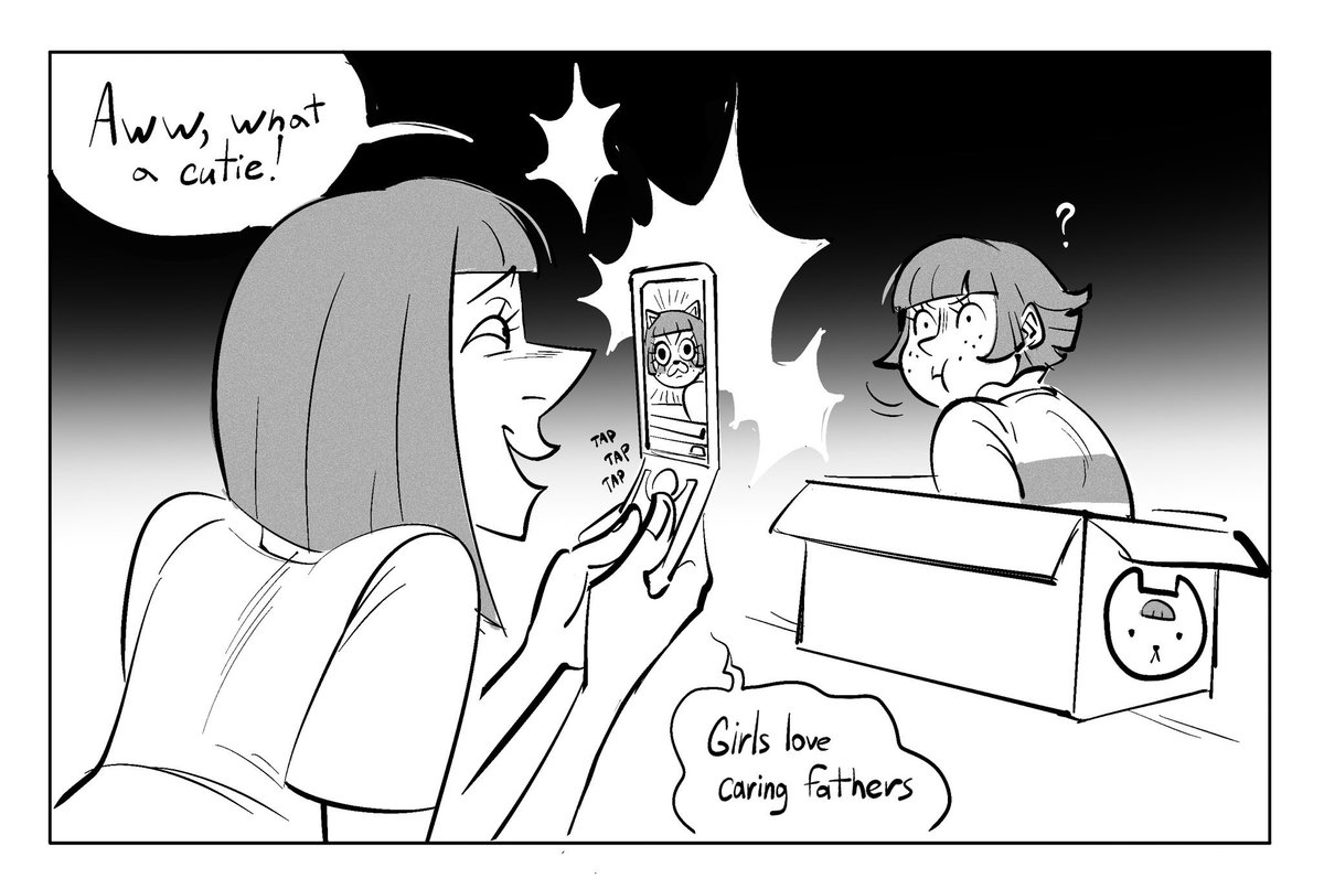 Baby in a box - or cat in a box 

It’s a request I got from  <a href="/stinkydod/">STINKYDOD 🐬</a> from their patron! Their art is fanatic , they also own the character max in the picture! :) 

The other is my oc Morgan ! 

I love it so much !!
#maxGambino