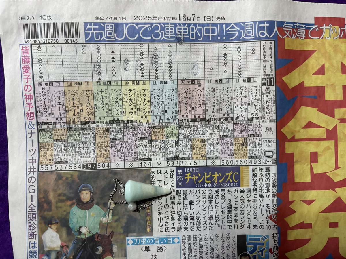 本日2025/12/07 第26回チャンピオンズC GI 中京競馬場　15:40発走
ダウジングで予想　馬単、3連単共に
5 ヘリオス
8 ウィルソンテソーロ
9 アウトレンジ
10 テンカジョウ
12 ナルカミ
の5点ボックスで。😀