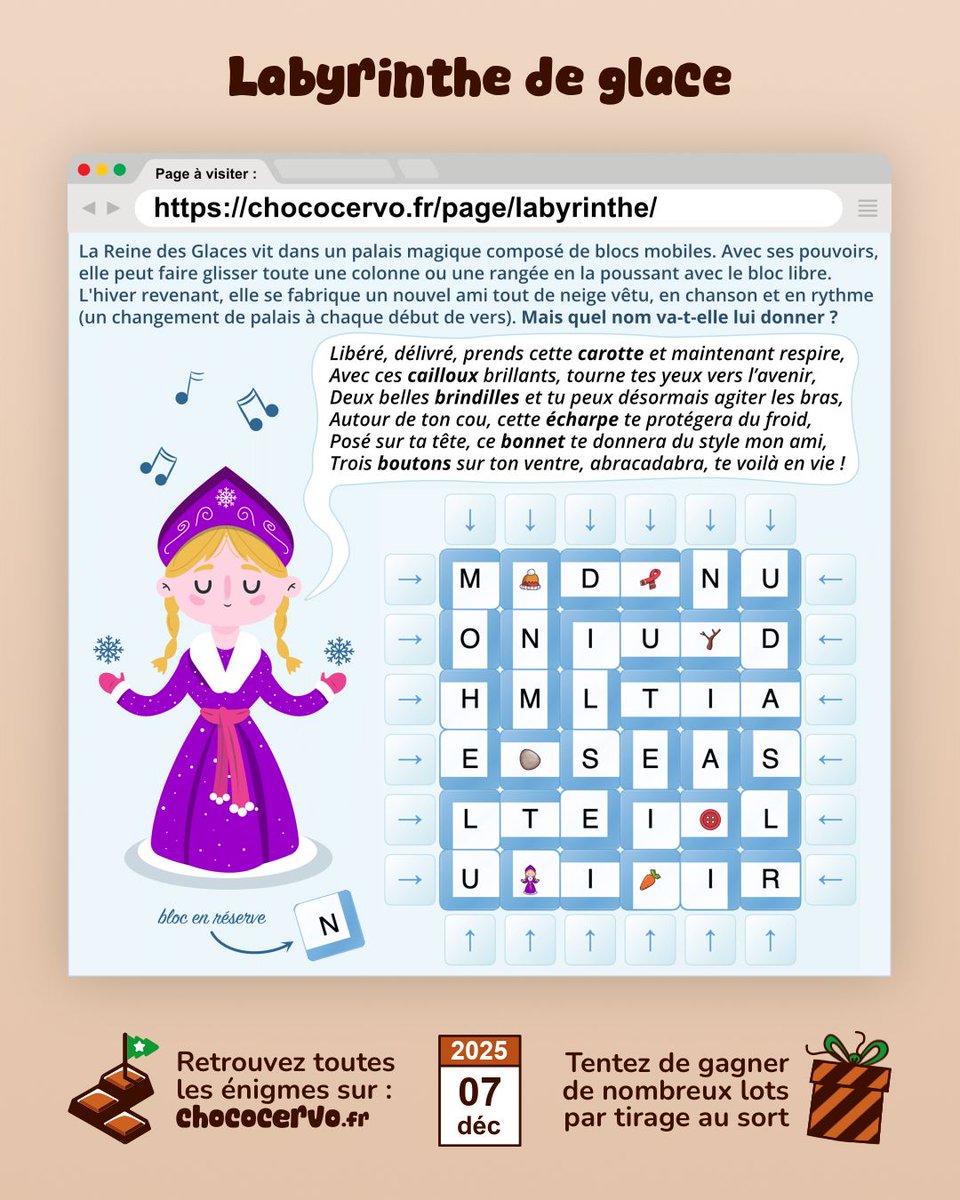 ChocoCervo's tweet photo. 🗓️ 07/12 : « Labyrinthe de glace » par cooco1402
Nouvelle énigme du calendrier ChocoCervo 🍫🧠
Attention, pour résoudre l'énigme, vous devez visiter https://t.co/FXu166w0iU
RDV sur https://t.co/kQbmS7ucJN pour saisir votre réponse ou obtenir des indices à J+1, J+2 et J+3. ✅⏱️ https://t.co/l9PWcWgMwu