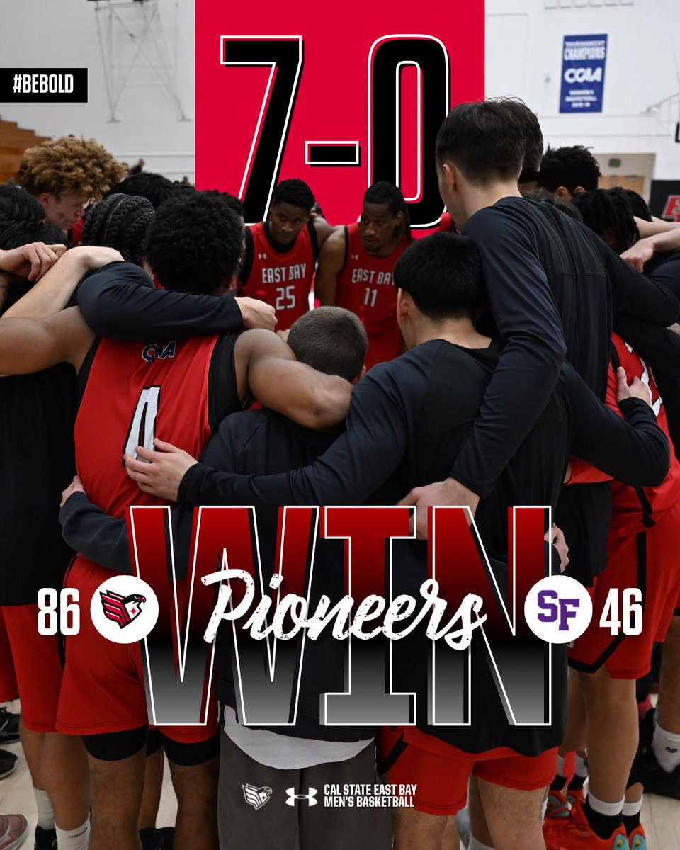 EastBayPioneers's tweet photo. 📣: THE PIOS REMAIN UNDEFEATED (7-0, 2-0 CCAA) with their win over SF State! 

It was a whole team effort tonight as 15 Pioneers contributed to the scoring stat line with Jalen Foy (15) leading the way.

#bEBold | #ncaadii | #basketball | #bayarea | #goccaa https://t.co/hGRv9kBzec