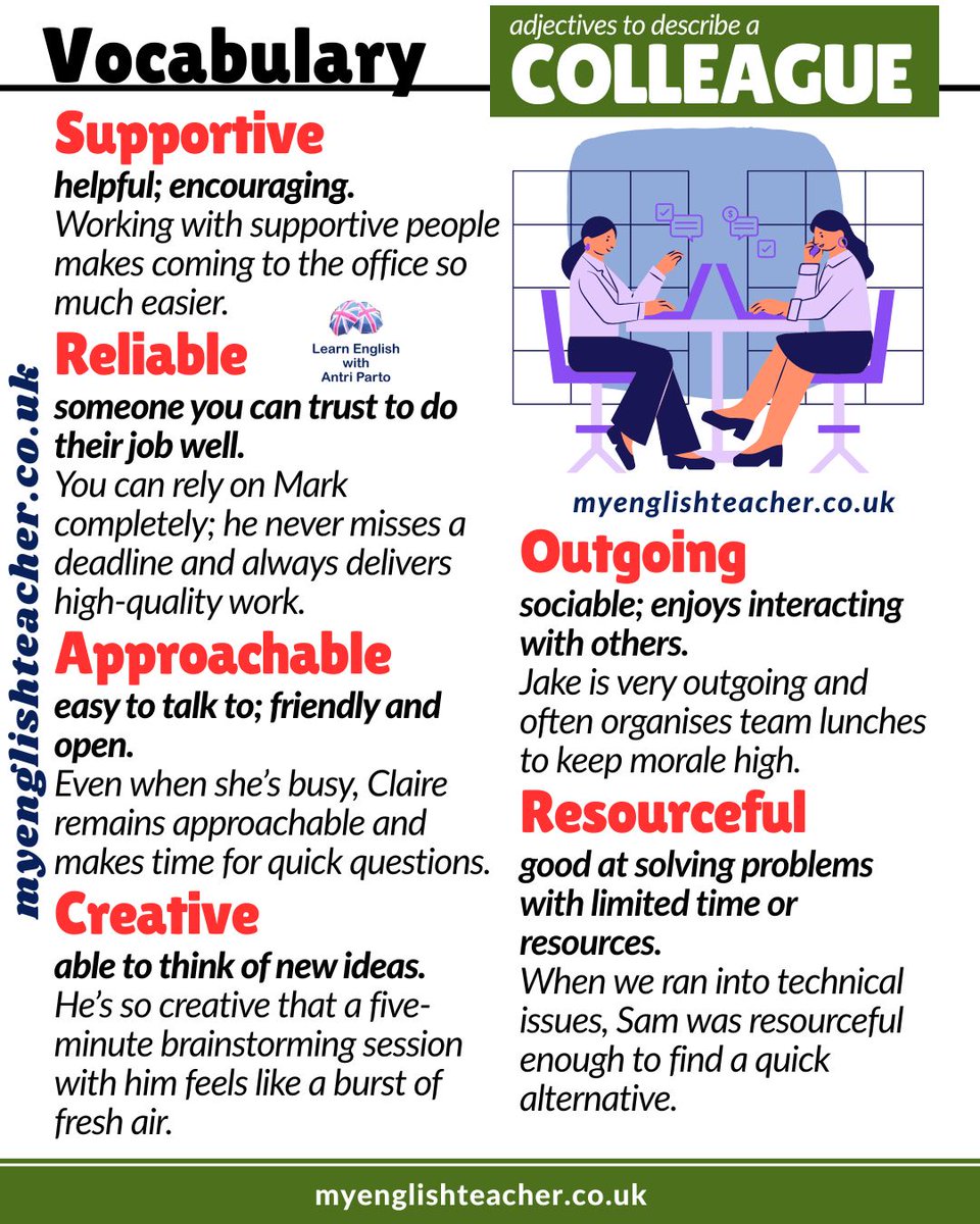 MyLinguaAcademy's tweet image. Colleagues - some make our working day easier, some challenge us to grow, and others brighten the office with their presence. Being able to describe the people you work with is incredibly useful. 👉🏻  buff.ly/q72QtRJ
#learnenglish #descriptivelanguage