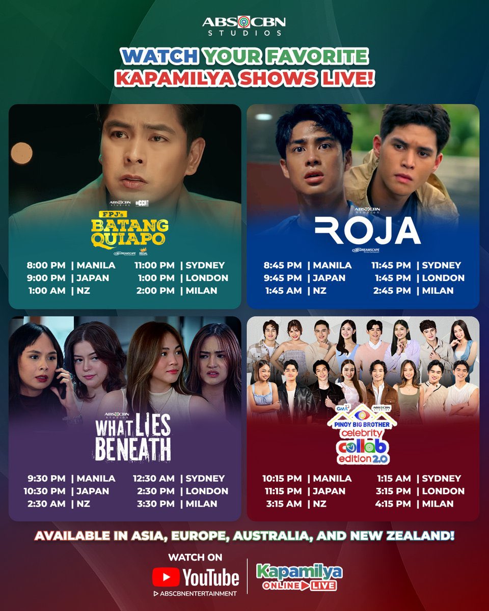 ABSCBNpr's tweet image. Kaabang-abang ang mga eksena sa #PrimetimeBida! 🔥
 
Watch #FPJsBatangQuiapo, #ROJA, #WhatLiesBeneath, and #PBBCollab20 LIVE!