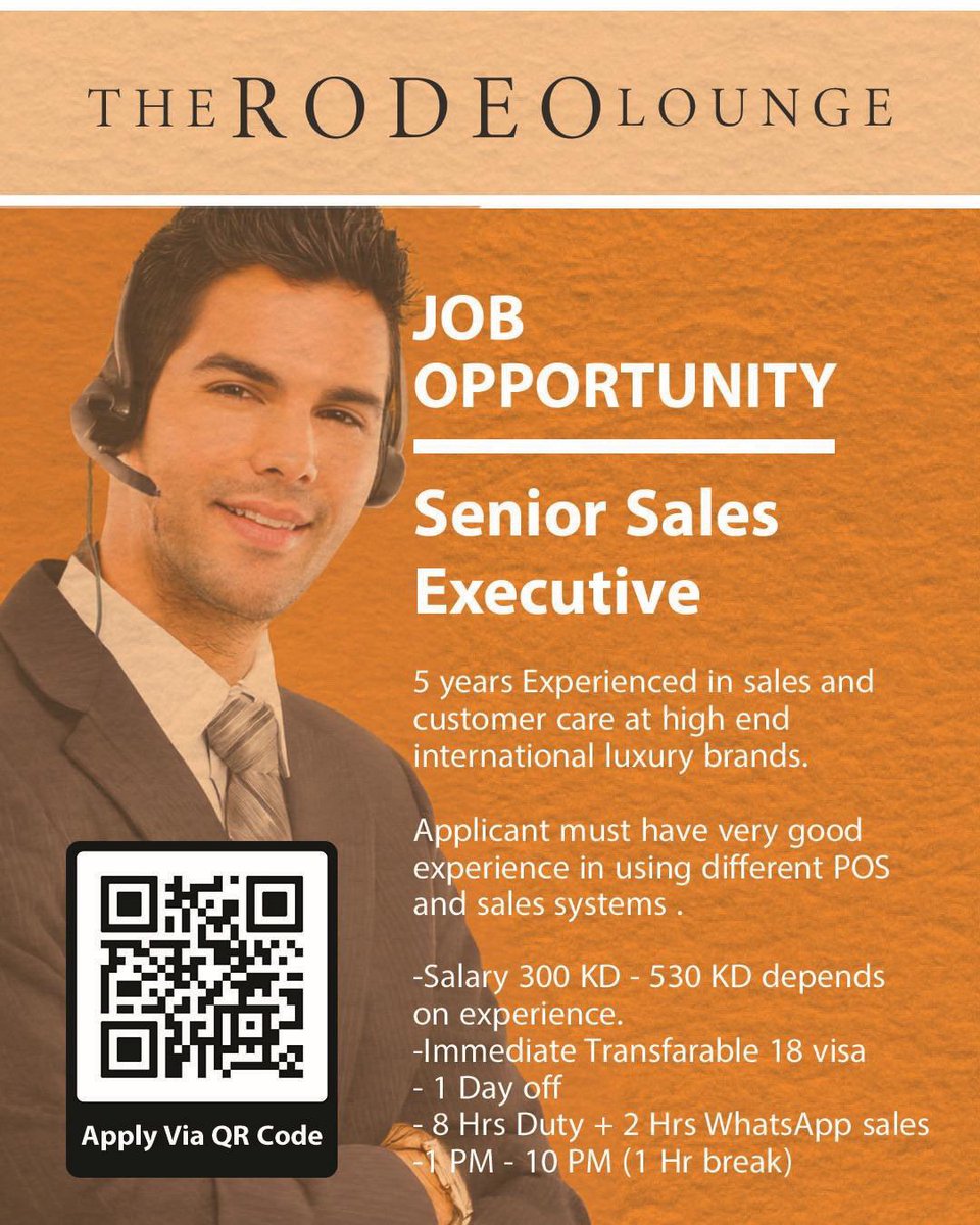 thejobyard's tweet image. 📍Hiring for candidates currently residing in Kuwait only.

The Rodeo Lounge is hiring a Senior Sales Executive with strong experience in sales and customer service for international luxury brands.

#KuwaitJobs #SalesJobs #LuxuryRetail #HiringInKuwait #thejobyardkuwait