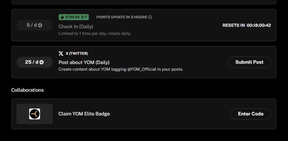 Update YOM: Claim Elite Badge

An official statement about the status of these codes will be made public soon.

Complete Daily Task And Wait for Code Update
