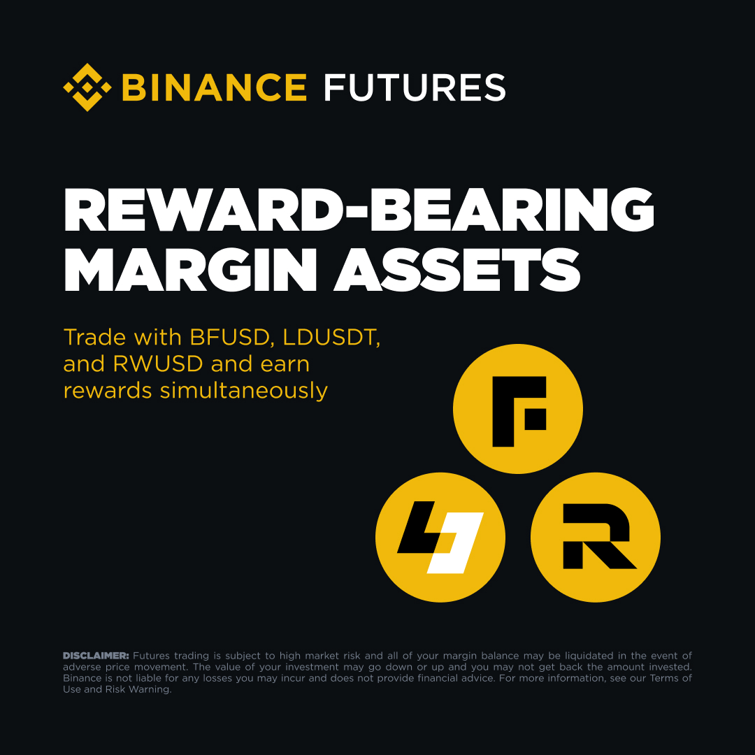 RWUSD is now a reward-bearing asset for futures margin!

Here's a list of reward-bearing assets which can be used as futures margin
🔸 BFUSD: Earn funding fees and staking rewards
🔸 LDUSDT: Get real-time APR via Simple Earn Flexible Products
🔸 RWUSD: Earn APR from Binance’s