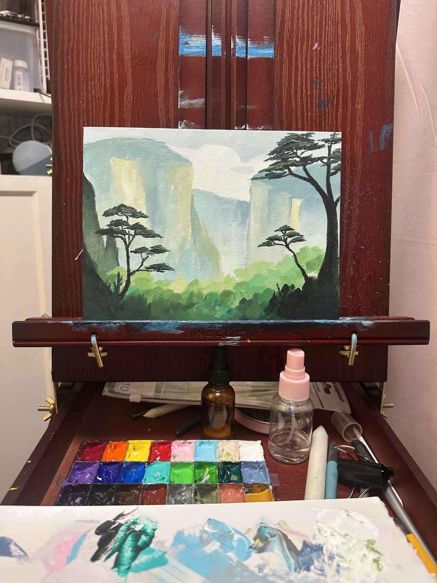 LunaAkane24's tweet image. Acrylic painting WIP 🎨
Wondering what would happen if I finish the final details with oil pastels… softer textures? richer glow? I’m tempted to try. 🌿
#artwip #acrylicpainting #mixedmediaart #traditionalart #landscapepainting