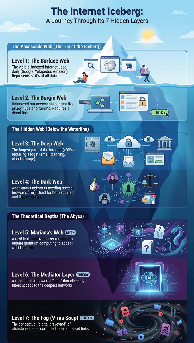 fixslyr's tweet photo. We think we know the internet, but the "Surface Web" is less than 10% of the data out there. 🤯
​From the Deep Web to the theoretical "Mariana’s Web"—here is what actually lies beneath the surface.
​Which level did you stop at? 👇 #internet #Google #DeepWeb #Tech https://t.co/H4BLnMoJRe