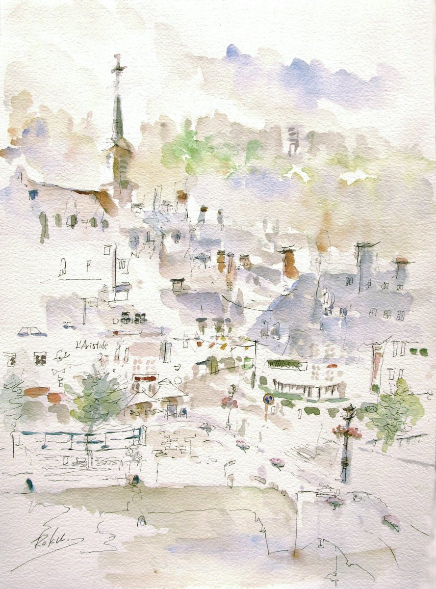 街の音楽」 透明水彩＋ペン F4 ベルギーのホテルの窓から描いた作品