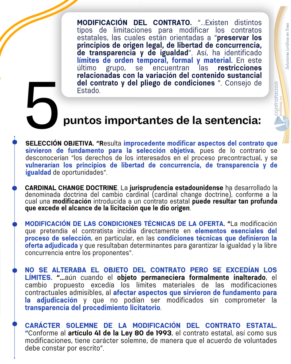 contrataenlinea's tweet photo. 🚨 MODIFICACIÓN DEL CONTRATO/LÍMITES. NO es posible MODIFICAR CONDICIONES TÉCNICAS que definieron la OFERTA y que resultaban determinantes para garantizar la IGUALDAD y la LIBRE CONCURRENCIA de oferentes, así no se modifique el objeto. Consejo de Estado https://t.co/TlBLDPYJVV https://t.co/JdIyzZl16G