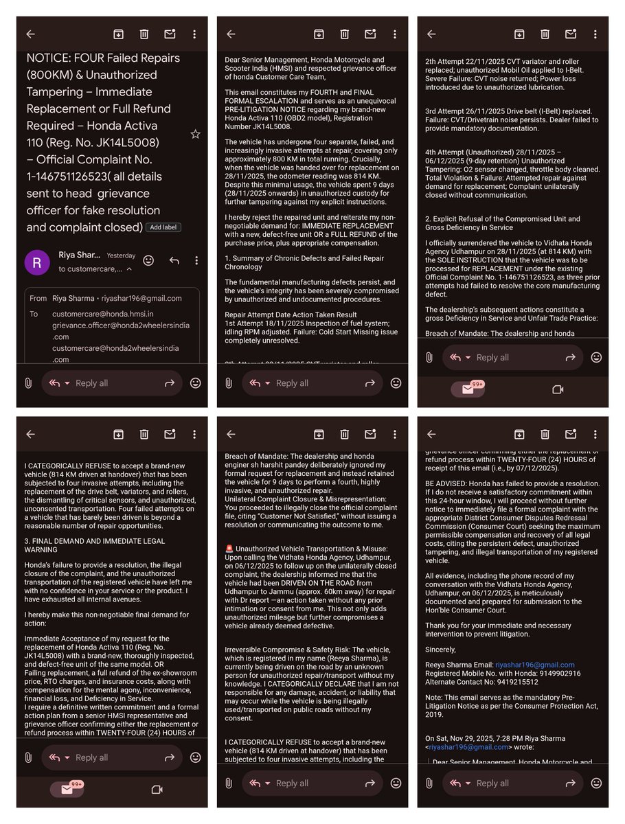 Arun402Edge's tweet photo. @honda2wheelerin @jagograhakjago  fourth and last email / pre -litigation notice to honda 2 wheelers as per consumer protection act 2019 https://t.co/AMZh1oq9im