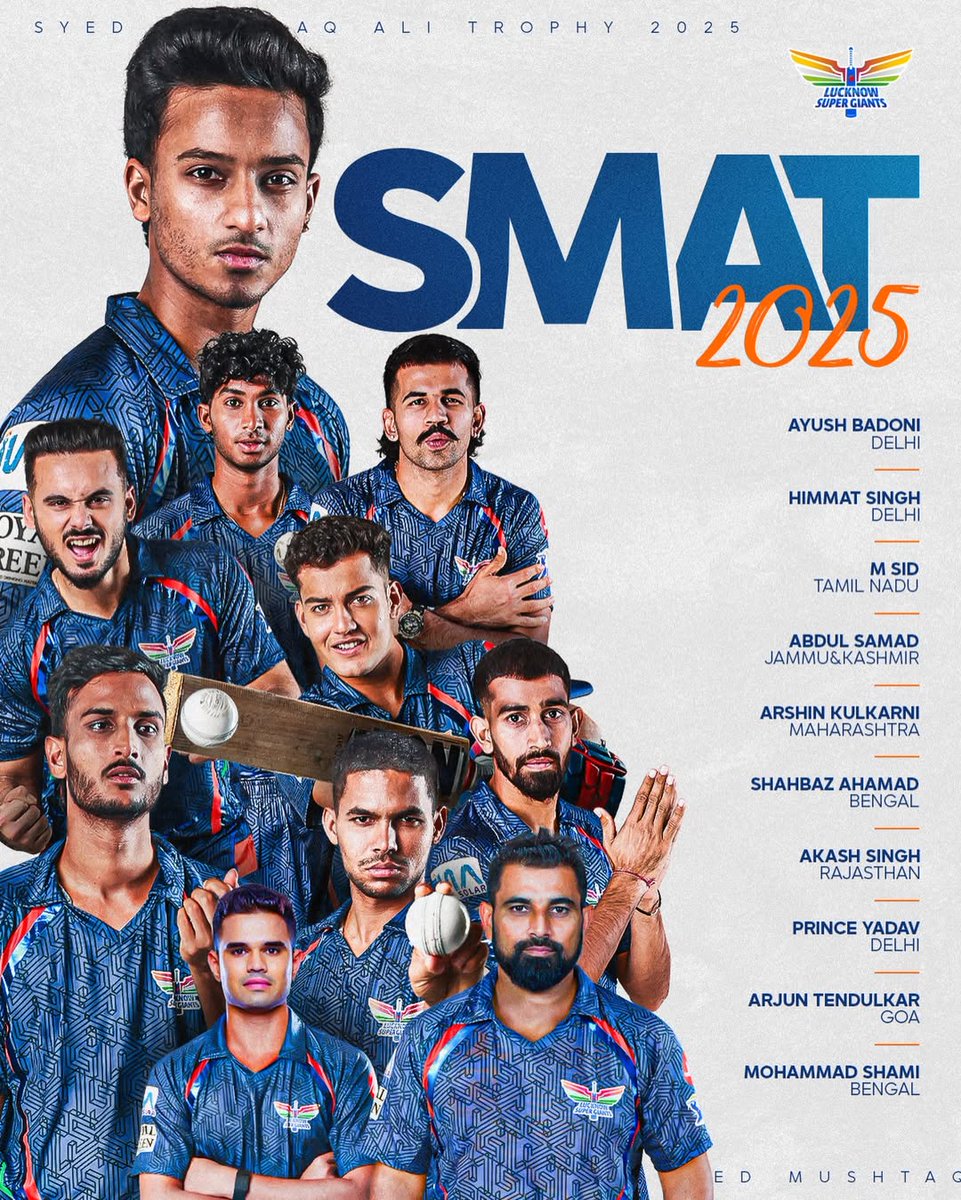 Lucknow Super Giants Players performance on Day 6 of SMAT 📋 :
Batting:
▪️Arshin Kulkarni: 23(19)
▪️ Ayush Badoni : 30(23)
▪️Abdul Samad : 22(9)

Bowling:
▪️Digvesh Rathi:   4-0-33-0
▪️Prince Yadav:     4-0-30-0
▪️Mohammed Shami: 3.2-0-34-3
▪️Ayush Badoni: 3-0-55-1

~ Arjun