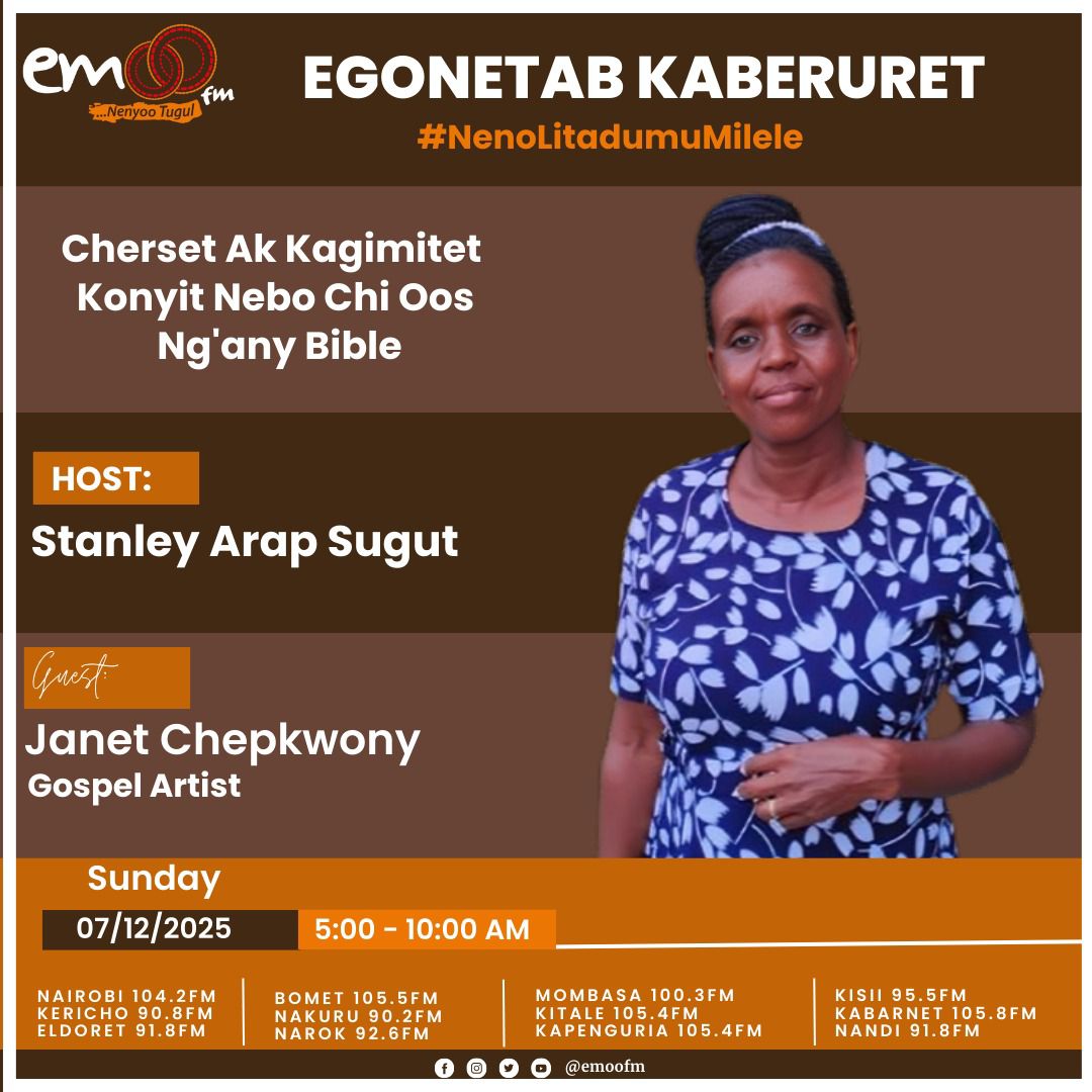 #EGONETABKABERURET is an inspirational and motivational Gospel Show at <a href="/emoofmkenya/">EmooFm</a> hosted by <a href="/StanleySugut/">Stanley Sugut</a> 5am -10am. Today's Gospel Artist is Janet Chepkwony from Kericho County. Karibuni Tubarikiwe Pamoja.
#EgonetabKaberuret 
#NenoLitadumuMilele
