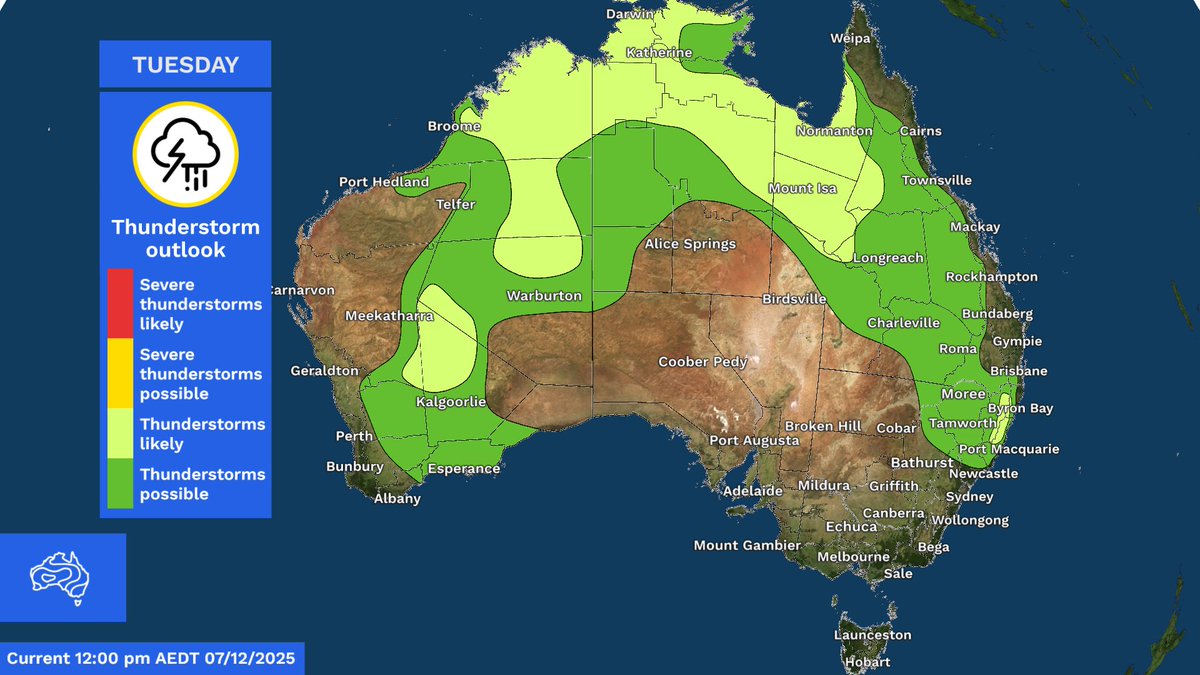 BOM_au's tweet photo. Thunderstorms are forecast across parts of central and eastern #Australia today.
Severe #thunderstorms are possible in #NENSW and inland #SEQld.
Thunderstorms will become more widespread across the country mid-week.
Latest: https://t.co/4W35o8i7wJ https://t.co/VkuwHiIEXB