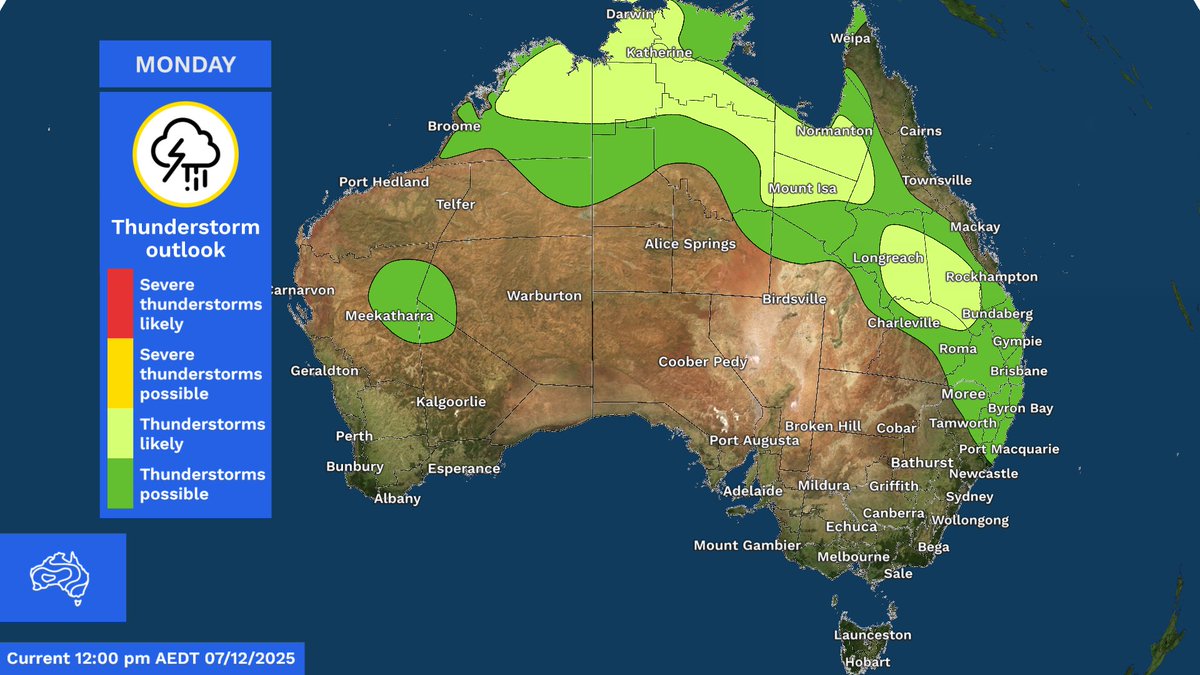 BOM_au's tweet photo. Thunderstorms are forecast across parts of central and eastern #Australia today.
Severe #thunderstorms are possible in #NENSW and inland #SEQld.
Thunderstorms will become more widespread across the country mid-week.
Latest: https://t.co/4W35o8i7wJ https://t.co/VkuwHiIEXB