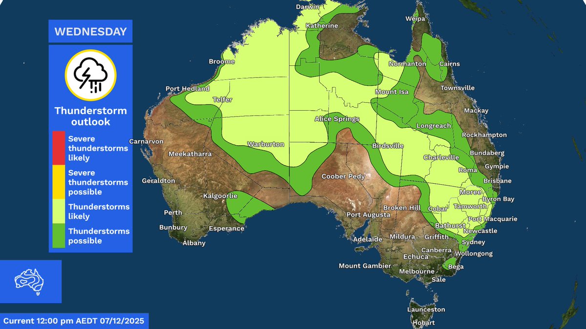 BOM_au's tweet photo. Thunderstorms are forecast across parts of central and eastern #Australia today.
Severe #thunderstorms are possible in #NENSW and inland #SEQld.
Thunderstorms will become more widespread across the country mid-week.
Latest: https://t.co/4W35o8i7wJ https://t.co/VkuwHiIEXB