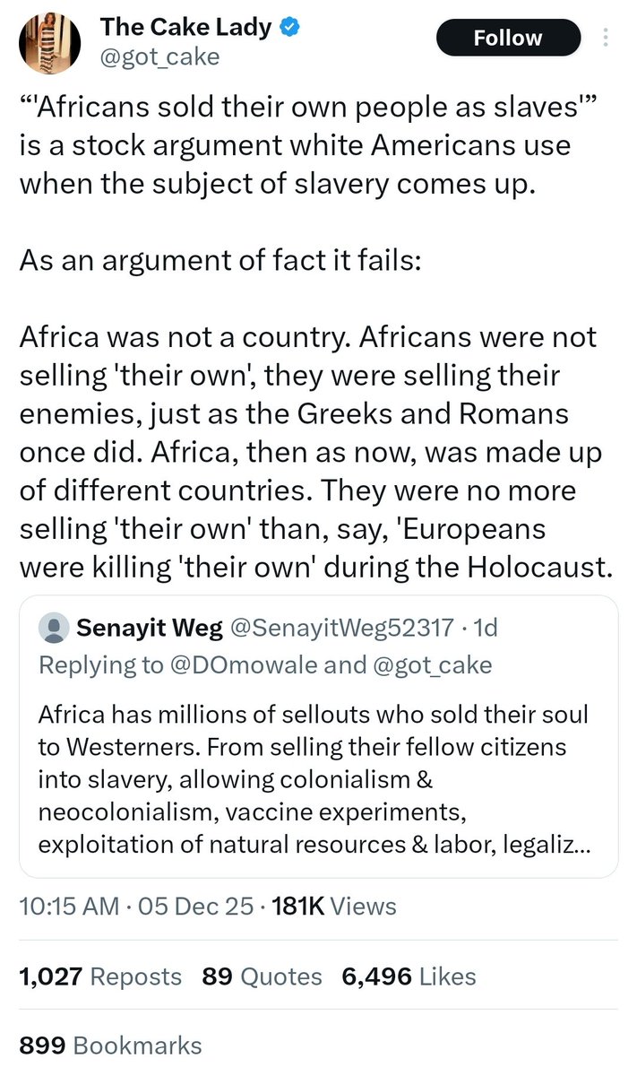 blackdetta's tweet image. These anti-Black accounts from africa's diaspora LOVE making excuses for african enslavers

One minute we're all just "africans in different countries"

Then 

In the next minute, they can tell the difference between the kinds of actual africans &amp;amp; justify it due to ethnic warfare