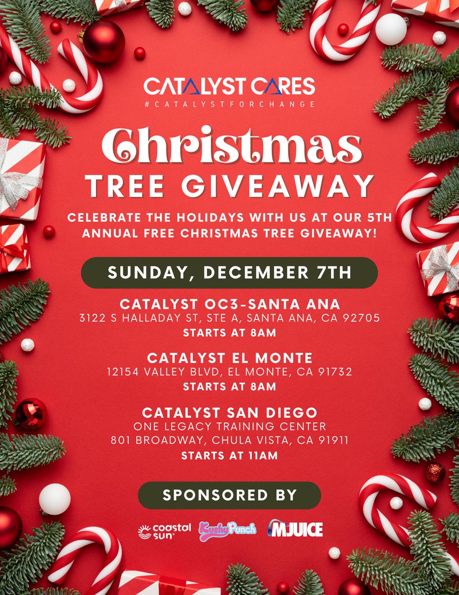 Catalyst_WFTP's tweet image. Join us TOMORROW as we keep the tree giveaway going! 🎄✨
We highly suggest arriving early — these go FAST!
See you there!
Thank you to our sponsors 🙏@coastalsunfarm @kushypunch and MJuice
#elmonte #oc #sd #giveaway