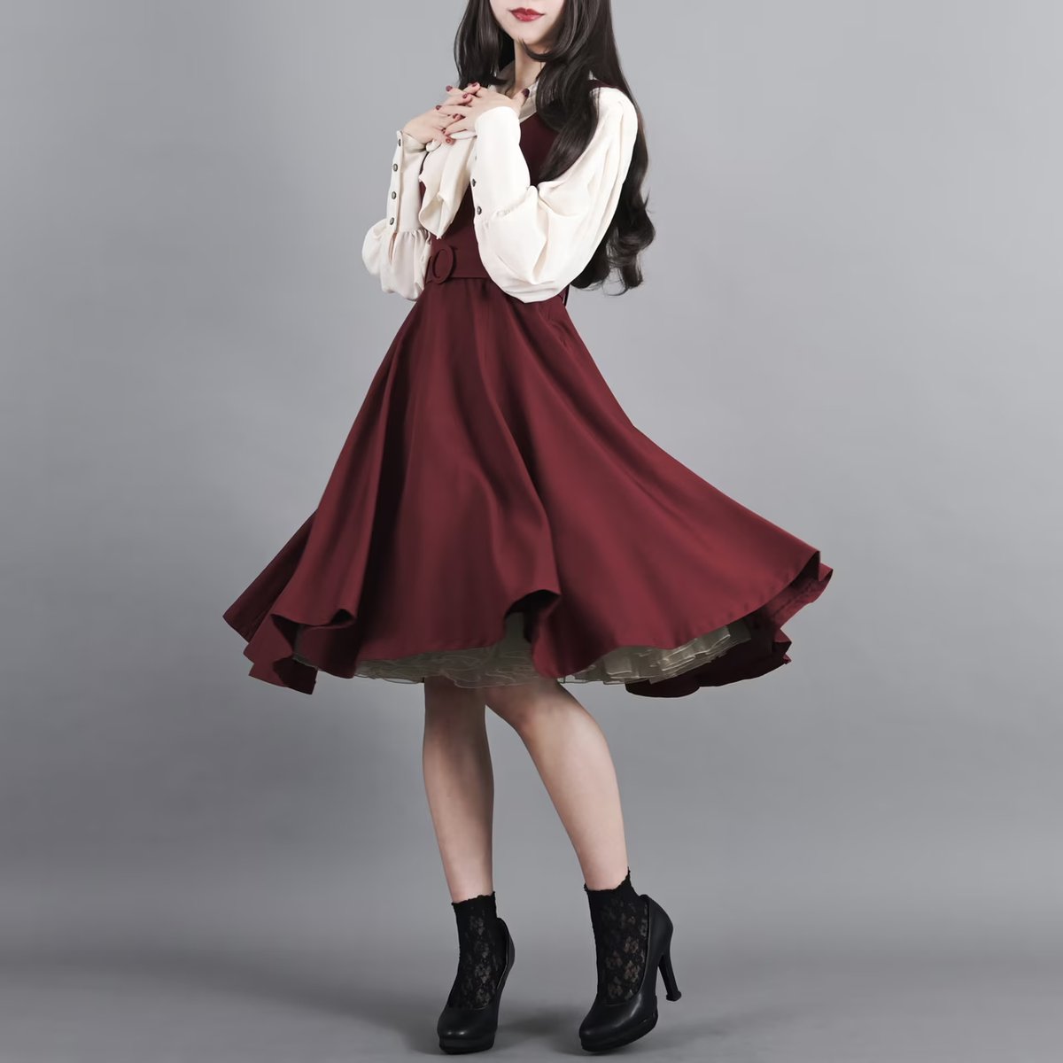 pick up】リノン・ワンピース ボルドー 憧れの50s風の、レトロな