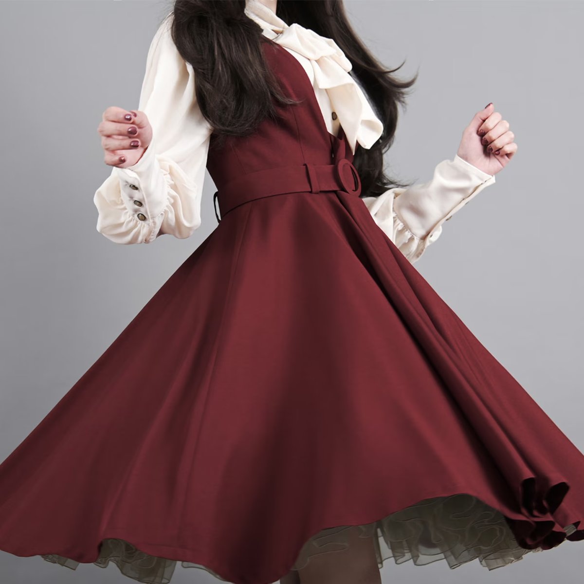 pick up】リノン・ワンピース ボルドー 憧れの50s風の、レトロな