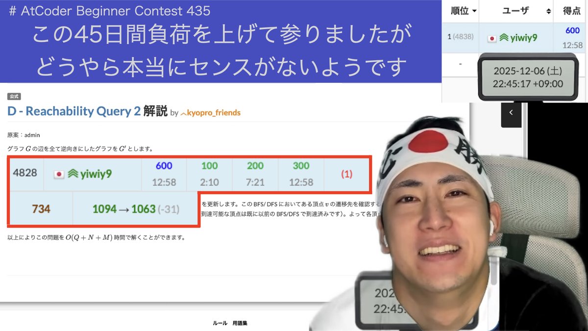 yiwiy9's tweet image. ここ45日間いつもより負荷を上げて精進してきましたが、現在レートが企画開始より下がっている状況です

地元で天才扱いされていた記憶が邪魔をしますが、本当に弱いようです

一歩引いて鼻で笑って欲しいです
いつかその鼻が高くなるような成果を出します

youtu.be/1y2XSjfIo9I

#AtCoder #ABC435