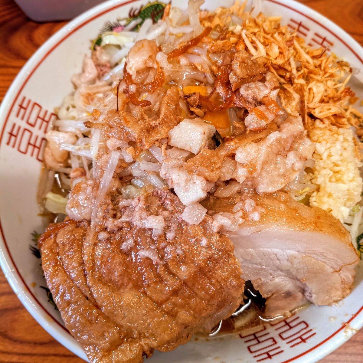 ラーメン二郎亀戸店 小汁なし 豚一枚追加 カタメ ニンニク アブラ タレ