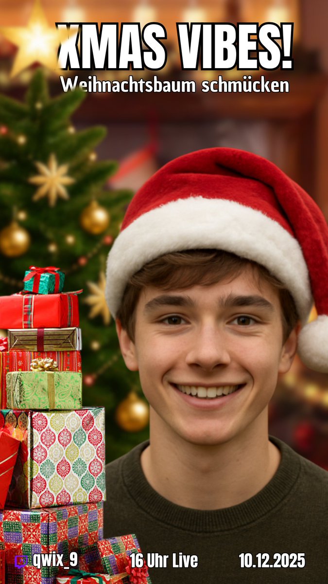 Am 10.12.25 werde ich OnStream meinen eigenen WEIHNACHTSBAUM Aufbauen + Schmücken und bei jedem Neuen Follower (Sub,Bit usw...) den Namen auf eine Weihnachtskugel Schreiben.
Es wird ein sehr geiles Event ->** twitch.tv/search?term=qw… <-Hier zu meinem Twitch Acc 🎄🎁🎀