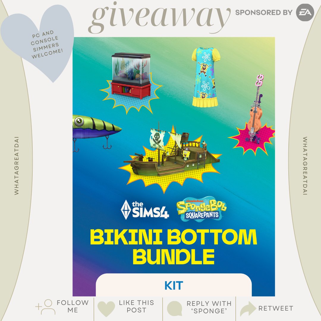 WhatAGreatDai's tweet image. (CONSOLE AND PC USERS WELCOME)

🌊🪸🧽 Kit Giveaway 🧽🪸🌊

Thank you to the #EACreatorNetwork for the code to #TheSims4BikiniBottomBundle to give away! It includes BOTH of the new Spongebob kits.

To Enter:
🌊Follow Me
🪸Like + Retweet This Post
🧽Reply with 'Sponge'

Good luck!