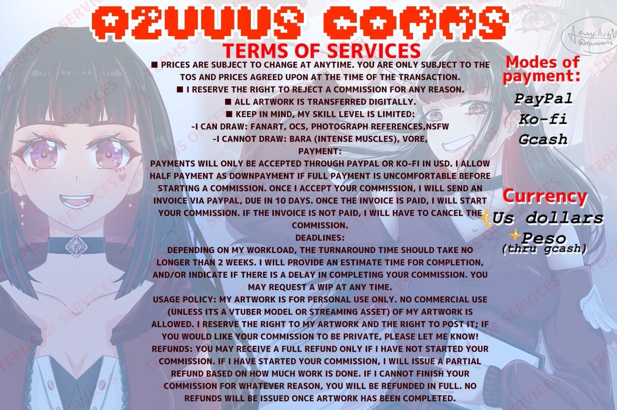 🎨✨COMMISSIONS OPEN!!!✨🎨
          🎄CHRISTMAS SALE🎄
                  🌟AVAILABLE🌟

~couple art
~Custom emotes
~NSFW
 ~Fanarts
~furry 

💸 payment plan available 
⚡ Fast turnaround 

📩 DM me to claim your slot or ask questions
🔗 Portfolio: azuuuscommission.carrd.com