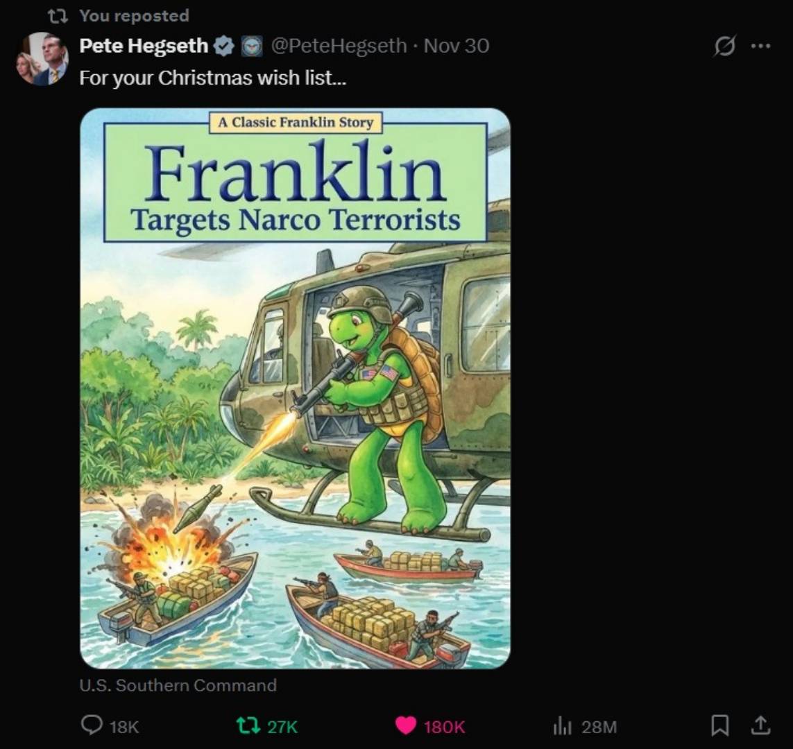 Rodrivla's tweet image. Para tu lista de deseos navideños, dice el criminal de guerra de la White House; el ministro de guerra, para más detalles.
Así se visualiza el hdp: un Rambo.