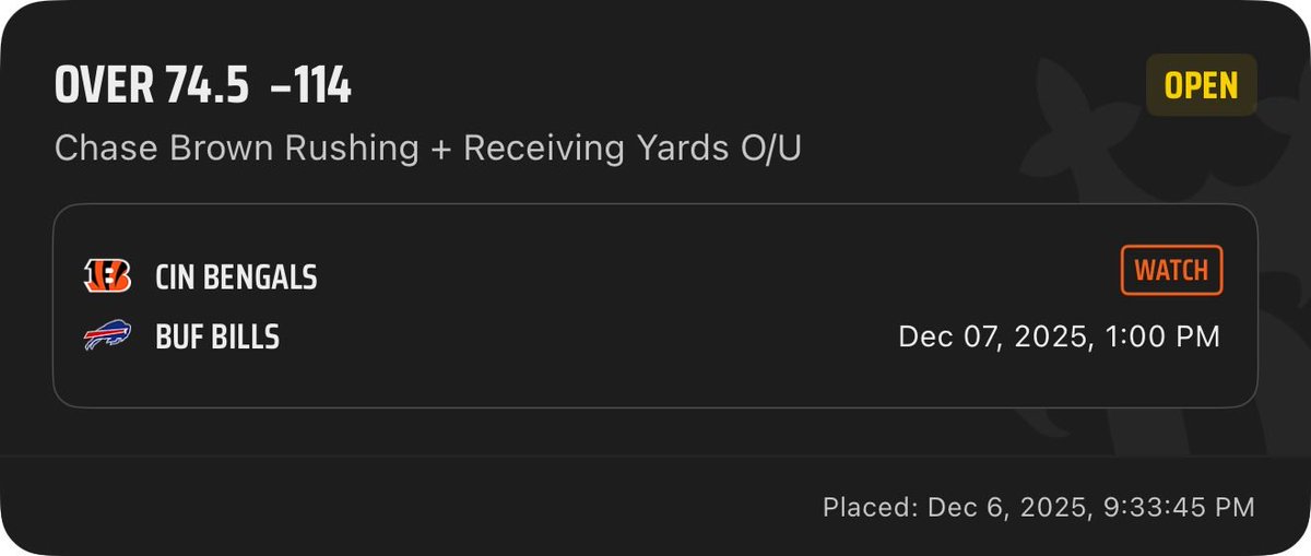 KBets01's tweet photo. Found a great line for NFL Sunday
Chase Brown’s Line for Rush and Rec Yards is sitting at 74.5 and he’s smashed that 5 games in a row. 
Going to parlay that with James Cook against a terrible Bengals Run Defense
#NFL #NFLSunday #nflbets #BettingX #bettingtwitter #BettingPicks https://t.co/WREE3IRjCa