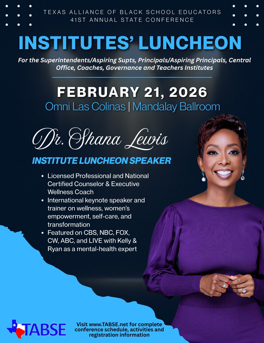 TABSE_Texas's tweet photo. Join us at the TABSE 41st Annual Conference for an inspiring Institutes’ Luncheon featuring the powerful voice of Dr. Shana Lewis. Her message is guaranteed to leave leaders refreshed, refocused &amp; ready to elevate in the work.
You don’t want to miss this moment! 💫 #TABSE2026 https://t.co/CgcuQo5ych