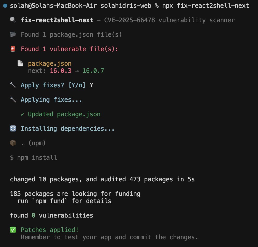react level 10/10 vulnerability issue thats recently been out
you might want to check your repos honestly

just run this in your project terminal and you should be good:
npx fix-react2shell-next

github.com/vercel-labs/fi…
