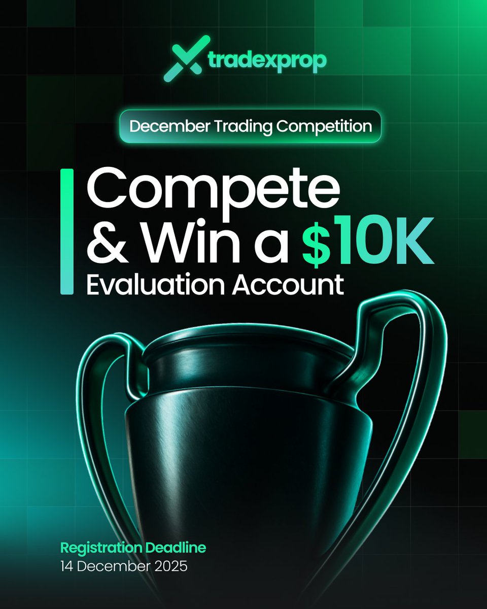 TradeXProp's tweet image. 🚨 DECEMBER TRADING COMPETITION IS NOW LIVE! 🚨

Ready to close the year with a bang? This is your chance to compete &amp;amp; win a $10,000 evaluation account! 💰🔥
December is your final shot of 2025 — make it count.

📌 COMPETITION DETAILS
🔹 Platform : MatchTrader
🔹 Registration