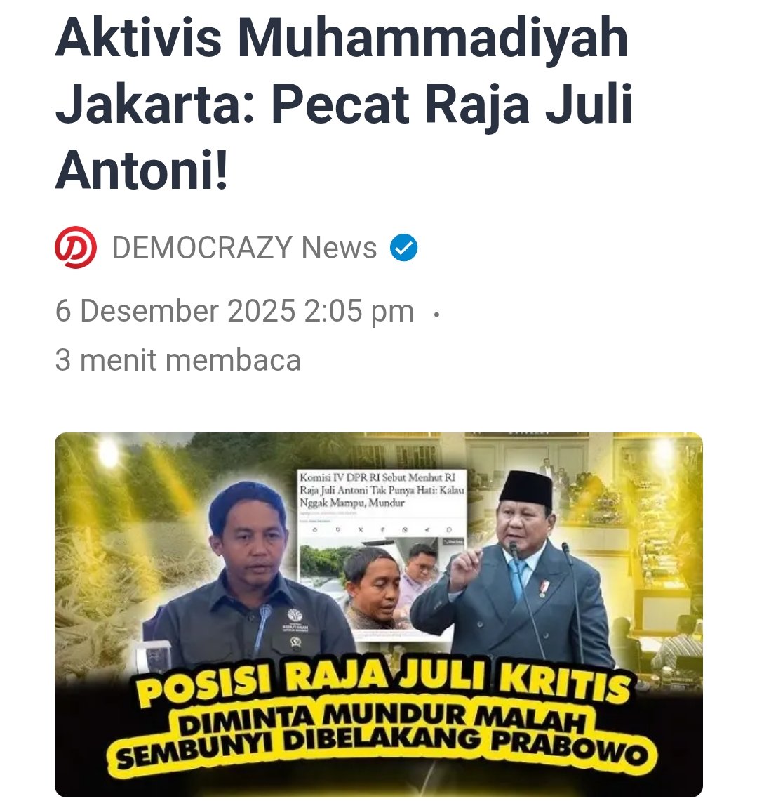 Raja Juli Menteri Yang Memalukan Tapi Gak Punya Malu👎

Aktivis Muhammadiyah Jakarta: Pecat Raja Juli Antoni!

Menurut Farid, sikap Raja Juli Antoni yang enggan mengambil tindakan tegas terhadap perusahaan-perusahaan yang diduga kuat menjadi penyebab bencana justru mengesankan