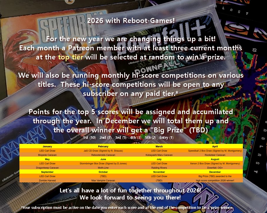 Reboot-Games will be cranking up the fun in 2026 for all our Patreon Supporters! Someone will win something EVERY SINGLE MONTH in 2026! 

So, please, consider joining the Reboot-Games community for 2026. We'd love to see you!
patreon.com/rebootgames