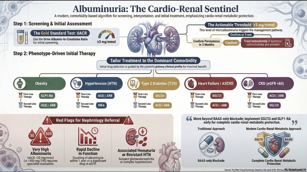abdelhamed012's tweet image. Albuminuria is not just a kidney marker. It’s a systemic "Red Flag." 🚩
1️⃣ Screening is Pivot:(UACR) 
2️⃣ Treat the Patient 
3️⃣ Watch for Red Flags: Rapid eGFR decline