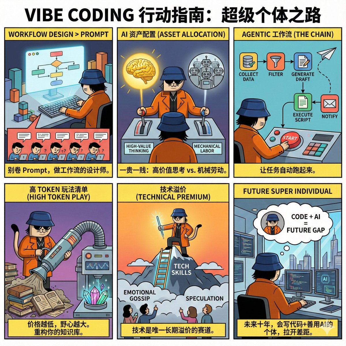 == <超级个体> Vibe Coding 行动建议 （2025年12月版）== 

TL,DR:
1/ 核心方向是工作流设计能力，不是 prompt 本身；
2/ 「AI 资产配置」思路：一贵一贱
- 贵的模型对应你的「高价值思考时间」
- 便宜的模型对应你的「机械性脑力劳动」
3/ 押注的方向叫「Agentic