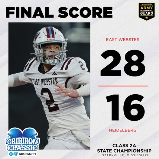 NorthMsGameday's tweet photo. Congrats @EWHS! East Webster picks up their 1st ever State Championship with the win over Heidelberg 28-16. @LakendrickPotts with 7 catches for 191 yards and 2 TD's! #Wolverines @KrossAvent @RPCoach21 https://t.co/ia20hyJVpi