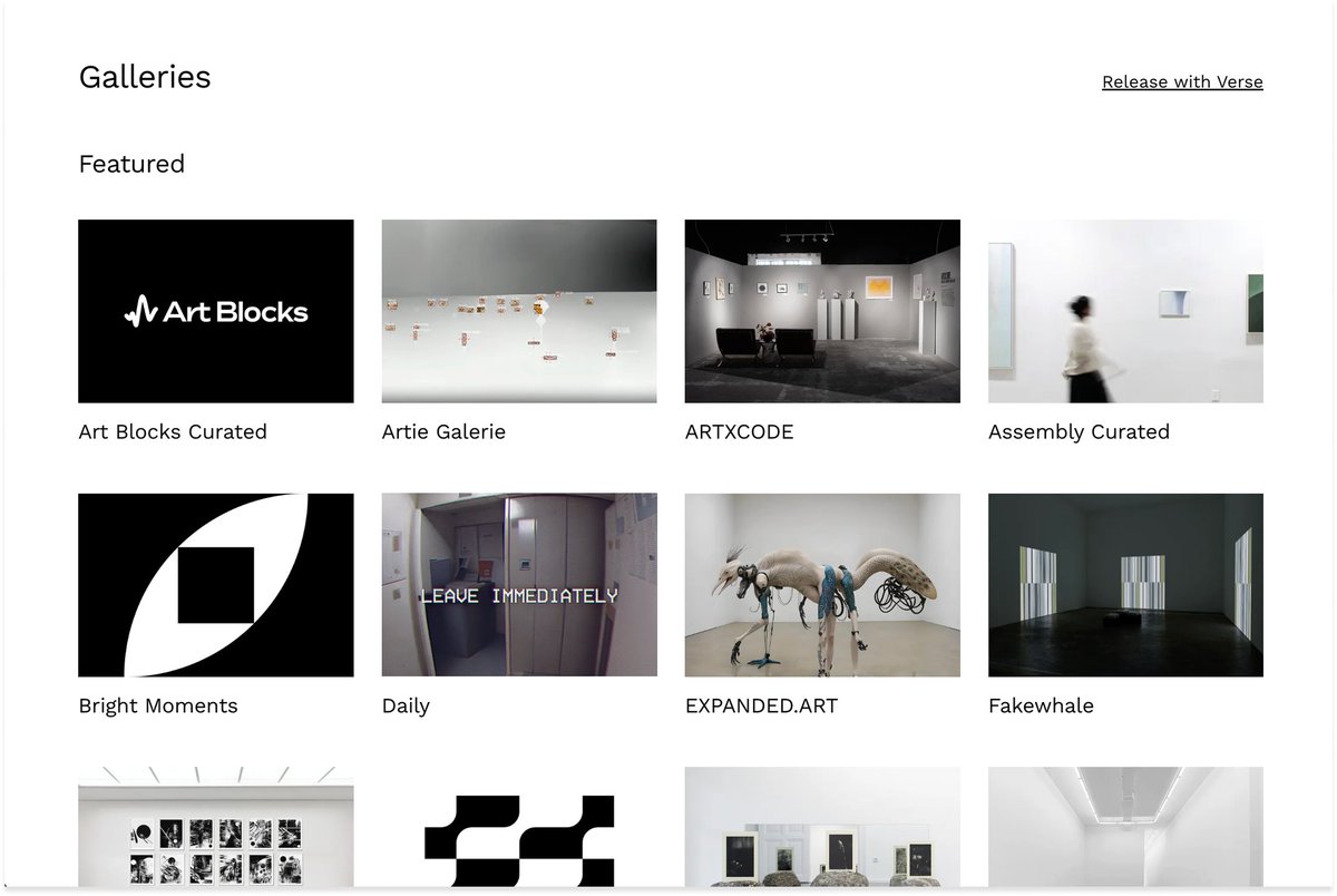 Z10 EXHIBITORS: GALLERIES

We’re indexing the world’s onchain art. Every artwork, every artist, every gallery.

The profiles of the first @artbasel Zero 10 exhibitors are live on Verse.

Featuring Art Blocks, Fellowship &amp; more ↓