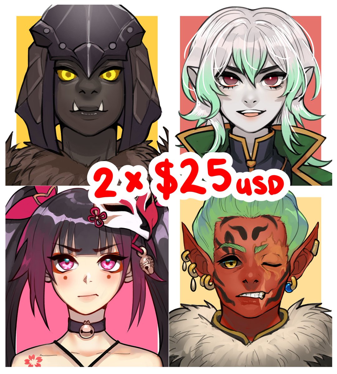Done before christmas
2 ICONS $25 FOR BOTH 17USD EACH
-just send me a DM
-Any character ♥
-You can decide the expressions

#commissions #open #cheap #oofer