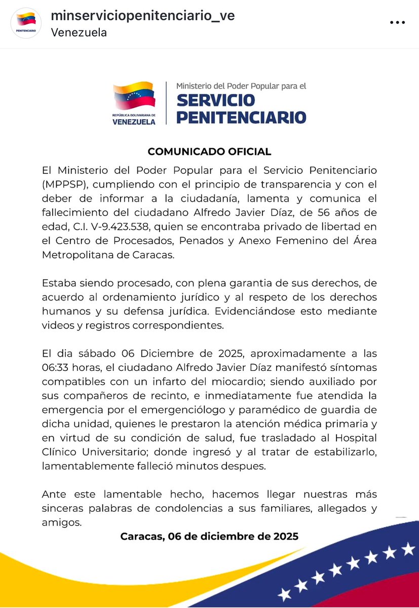 HAY QUE SER BIEN CARA DE TABLA PARA ESTO

El régimen de Nicolás Maduro admitió, con un inaudito comunicado del Ministerio de Servicios Penitenciarios, que Alfredo Díaz se les murió durante su custodia de un supuesto "infarto del miocardio" por el que fue llevado al hospital