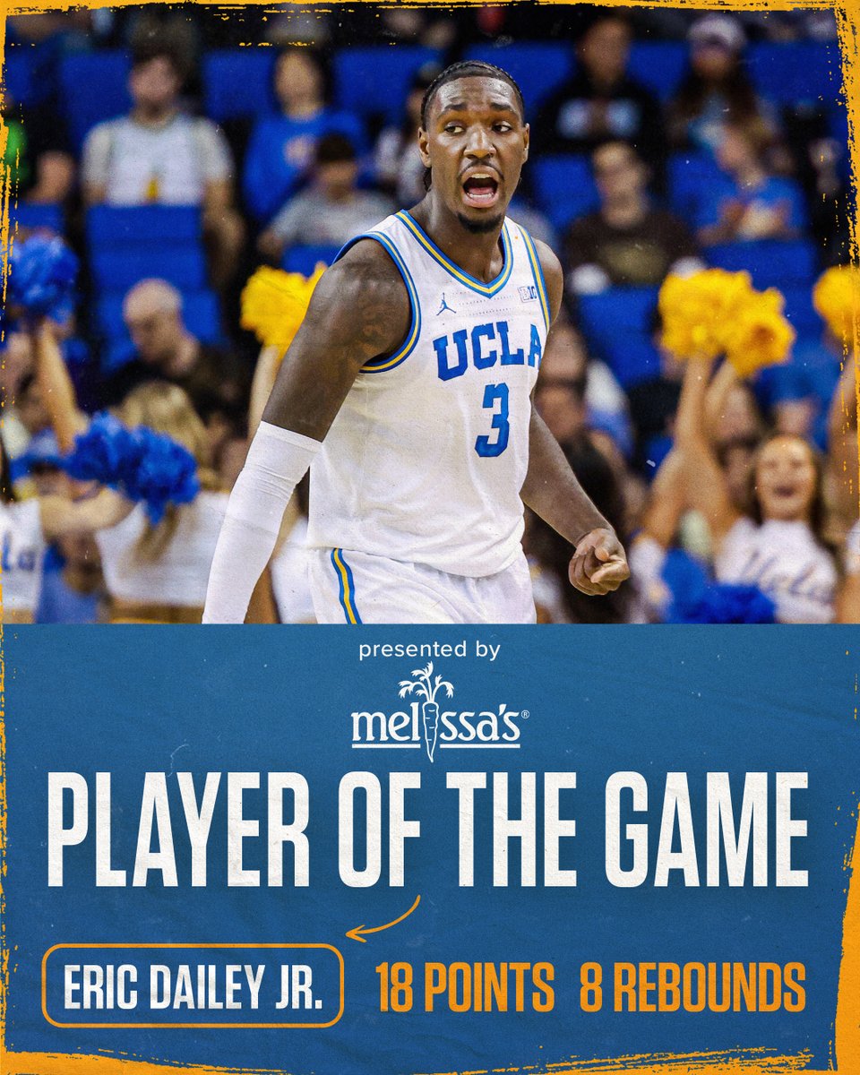 UCLAMBB's tweet image. In the Bruins’ 11-point win on Saturday … Eric Dailey Jr. led the way with 18 points &amp;amp; eight rebounds to secure 𝐌𝐞𝐥𝐢𝐬𝐬𝐚’𝐬 𝐏𝐥𝐚𝐲𝐞𝐫 𝐨𝐟 𝐭𝐡𝐞 𝐆𝐚𝐦𝐞 honors.

✅ 6 of 9 shooting (FGs)
✅ 2 of 4 from 3-point range

#GoBruins