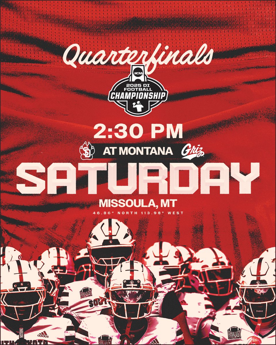 SDCoyotesFB's tweet image. 𝐐𝐔𝐀𝐑𝐓𝐄𝐑𝐅𝐈𝐍𝐀𝐋𝐒 𝐆𝐀𝐌𝐄 𝐓𝐈𝐌𝐄!

🆚 » at (3) Montana
📅 » Sat., Dec. 13
⏰ » 2:30 PM (CT)
📺 » ABC
📰 » yote.us/4oAkihP

#GoYotes x @NCAA_FCS
