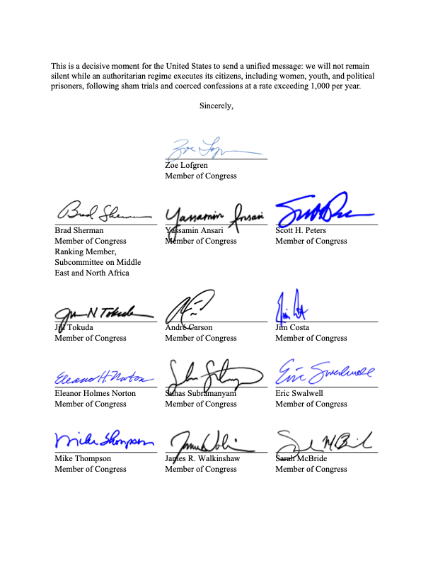 We are honored to share a powerful letter led by <a href="/RepZoeLofgren/">Rep. Zoe Lofgren</a> to <a href="/SecRubio/">Secretary Marco Rubio</a>, condemning Iran’s exploding number of executions and standing with the Iranian people’s struggle for a democratic, secular, nonnuclear republic in Iran.

Key points from the letter:
• Over 1,000